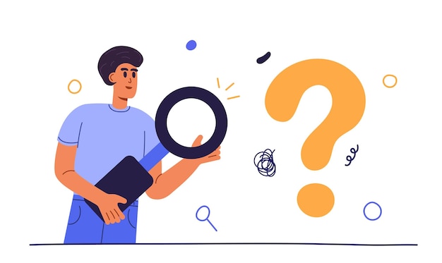 Conceito de solução de pesquisa Encontrar novas ideias Análise de problemas e gerenciamento de problemas Homem com lupa pesquisando informações e procurando resposta para a pergunta Ilustração em vetor