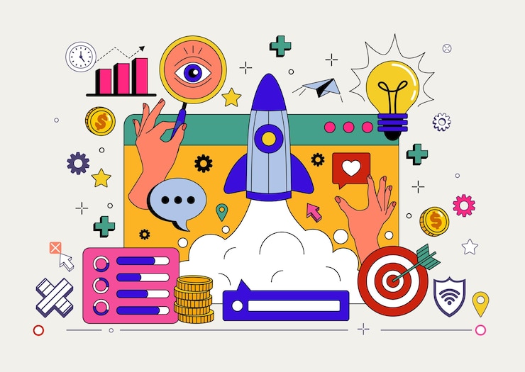 Vetor conceito de startup de negócios início de foguete desenvolvimento de projeto tecnologia digital lançamento de nave espacial dinheiro infográfico tela de computador objetivo de marketing alvo financiamento vetor fundo arrumado