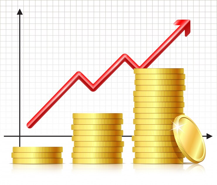 Vetor conceito de sucesso financeiro - gráfico com moedas. de moedas de pilha crescente e seta de gráfico crescente
