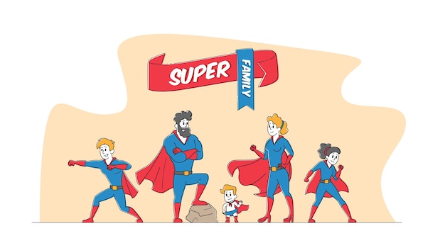Conceito de super família. Mamãe, papai e filhos em fantasias de super-herói posando