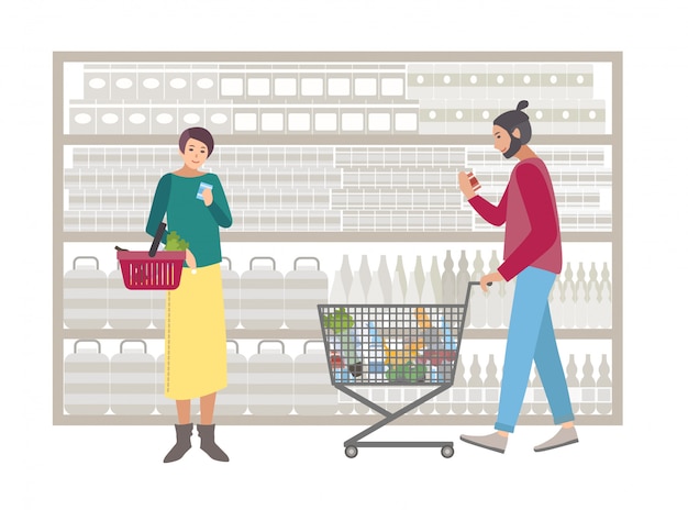 Vetor conceito de supermercado ou loja. pessoas com carrinho de compras escolhem produtos perto do rack. compradores menina e cara com comida, compras. ilustração plana colorida.