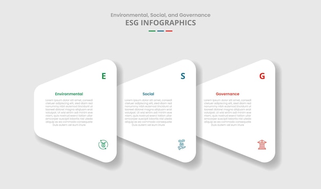 Conceito de sustentabilidade ESG para infográfico com estilo de sombra de gota com camada criativa de triângulo redondo empilhada em direção horizontal com informações de lista de 3 pontos