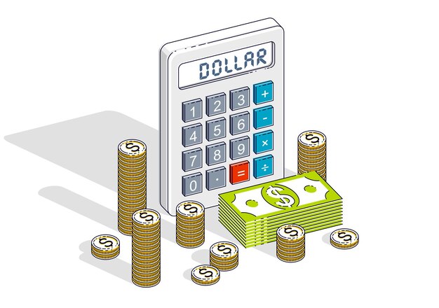 Conceito de taxas de câmbio do dólar e da moeda, calculadora e pilha de dólares em dinheiro e moedas isoladas no fundo branco. ilustração em vetor 3d isométrica de negócios e finanças.