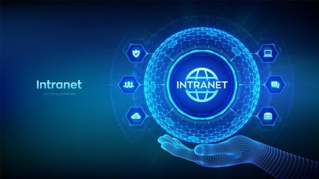 Conceito de tecnologia de conexão de rede global intranet em forma de esfera com padrão de grade hexagonal na mão de wireframe intranet business comunicação corporativa dms ilustração em vetor