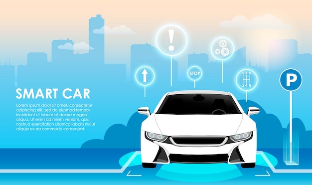 Conceito de tecnologia de estacionamento inteligente carro autônomo com sensores estacionados automaticamente no estacionamento sistema de estacionamento autônomo ilustração em vetor