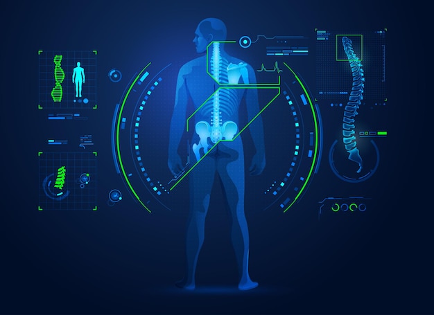 Vetor conceito de tecnologia de quiropraxia ou tratamento médico da coluna