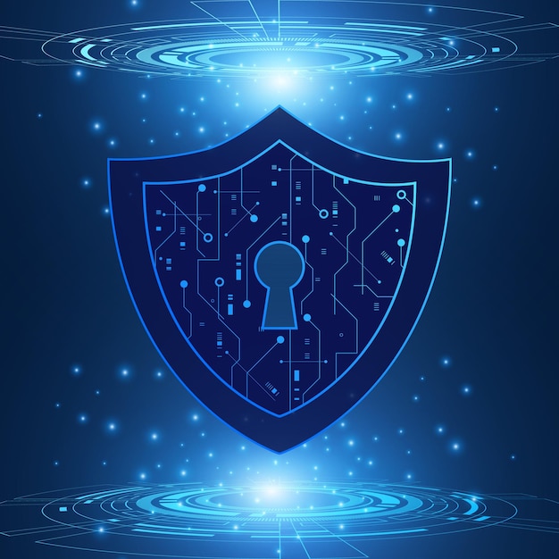 Conceito de tecnologia de segurança cibernética Escudo com dados pessoais do ícone do buraco da fechadura