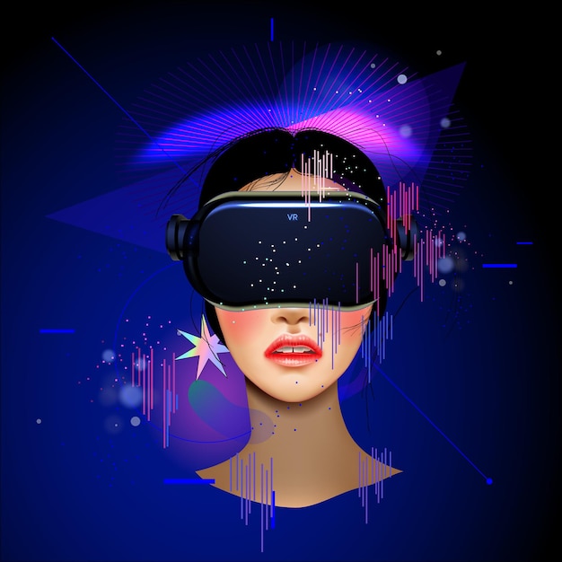 Conceito de tecnologia Metaverse Mulher com óculos de realidade virtual VR Ilustração vetorial de estilo de vida futurista