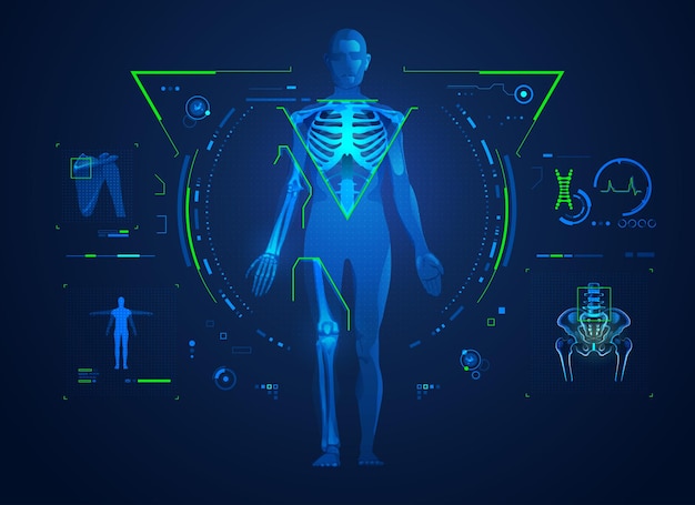 Vetor conceito de tecnologia ortopédica ou tratamento médico de ossos e articulações, gráfico do corpo com interface de raio-x