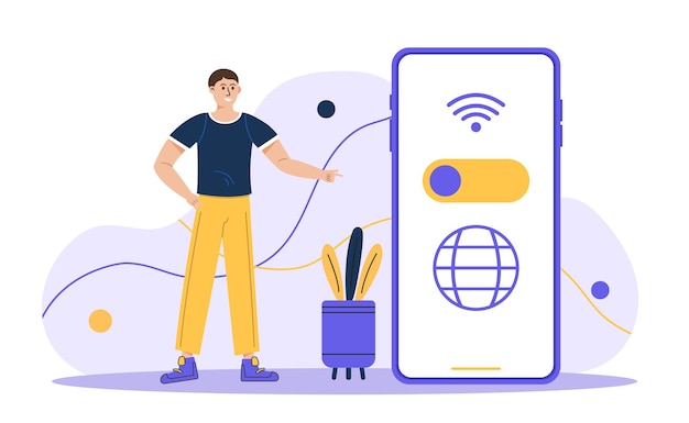 Vetor conceito de tecnologia sem fio homem de tecnologia wi fi em pé ao redor do telefone inteligente com botão sem fio conexão wifi tecnologia de comunicação wi-fi conceito de serviços de internet grátis