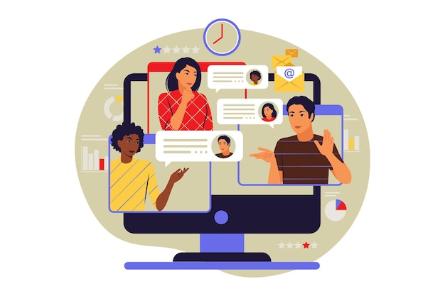 Conceito de teletrabalho. Equipe discutindo ideias por meio de reunião online. Ilustração vetorial Plano.