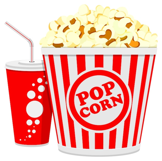 Conceito de tempo de cinema e filme com ícones planos pipoca copo de papel refrigerante ilustração vetorial isolada