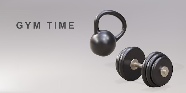 conceito de tempo de ginásio de kettlebell e haltere 3d