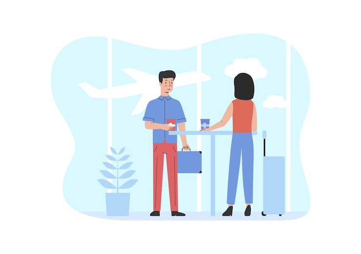 Vetor conceito de terminal de aeroporto internacional moderno passageiros com bagagem na sala de espera de partidas esperar sua partida bebendo café ou chá no café dos desenhos animados contorno plano linear ilustração vetorial
