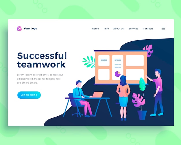 Conceito de trabalho em equipe de sucesso de modelo de página de destino com pessoas de escritório design moderno de página da web de design plano para site e site móvel ilustração em vetor