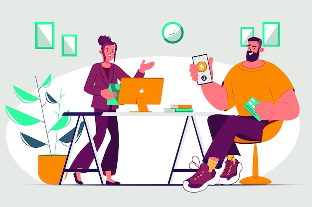 Conceito de transferência de dinheiro com cena de pessoas no design de desenho animado plano Um homem transfere dinheiro