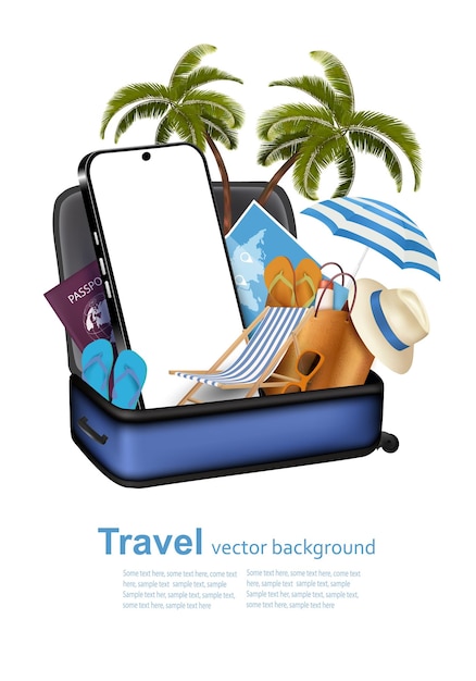 Conceito de transporte turístico Globo de bagagem Smartphone e itens de viagem Design de banner para publicidade de viagens Vector