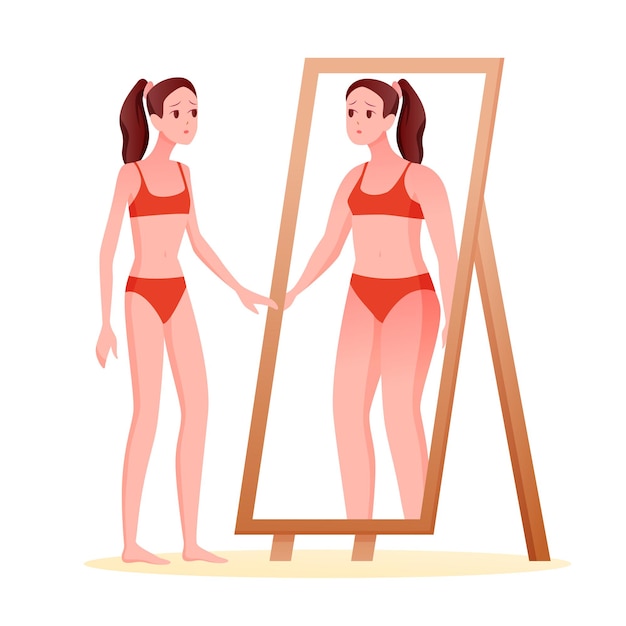 Vetor conceito de transtorno alimentar de anorexia. desenho animado magro e triste, olhando no espelho e vendo um corpo gordo e acima do peso