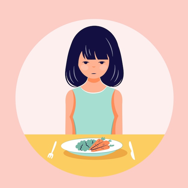 Vetor conceito de transtorno alimentar menina recusa comida problema de anorexia ilustração de pessoa plana