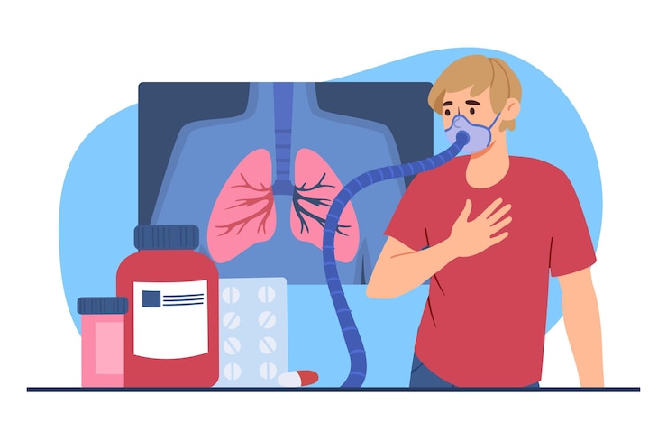 Vetor conceito de tratamento de tuberculose homem com pílulas e aparelhos respiratórios no fundo do tratamento de cuidados de saúde xray e medicina diagnóstico e cuidados de saúde cartoon ilustração vetorial plana