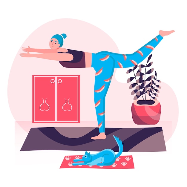 Conceito de treino de fitness. mulher fazendo ioga asana junto com o gato em casa. esporte ativo, bem-estar, treinamento corporal, cena do personagem de pilates. ilustração vetorial em design plano com atividades pessoais