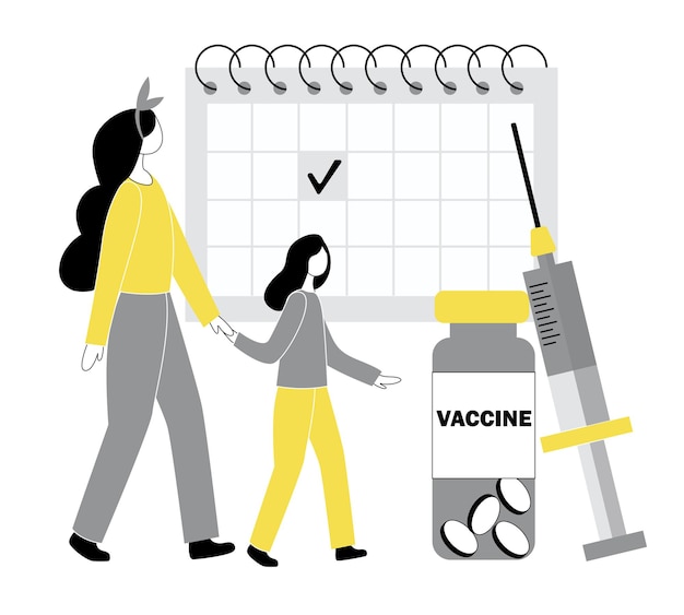 Vetor conceito de vacinação covid-19. garota está prestes a tomar uma vacina contra a gripe. pessoas em estilo simples. em ilustração na tendência de cores dos desenhos animados.