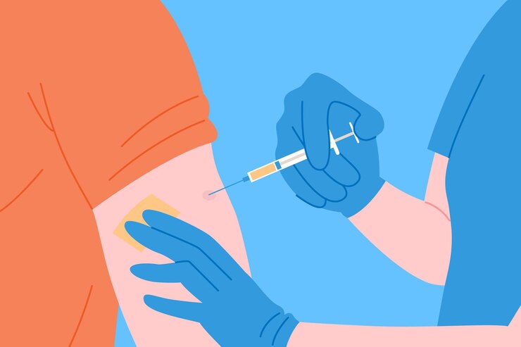 Conceito de vacinação para saúde de imunidade. Vaccine anti Covid-19. Os médicos fazem uma injeção de vacina antivírus no paciente no hospital. Saúde, coronavírus, prevenção e imunização.
