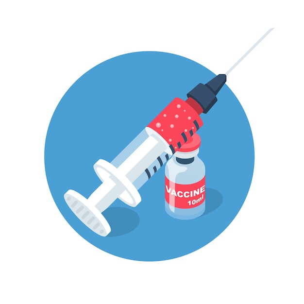 Conceito de vacinação. seringa com uma ampola. medicina em uma garrafa. projeto 3d isométrico de ilustração vetorial. isolado no fundo branco. injeção de vírus e bactérias.