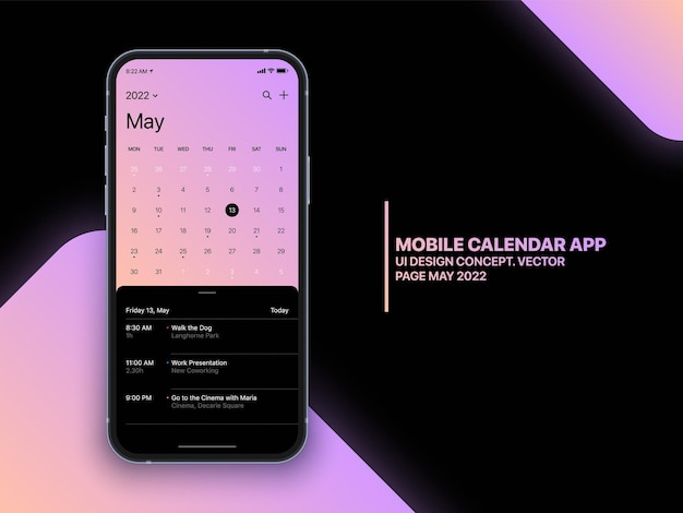 Conceito de vetor de aplicativo de calendário móvel página de maio de 2022 com lista de tarefas e tarefas UI UX Design na maquete de tela de telefone realista isolada no fundo. Modelo de Aplicativo de Planejador de Negócios para Smartphone