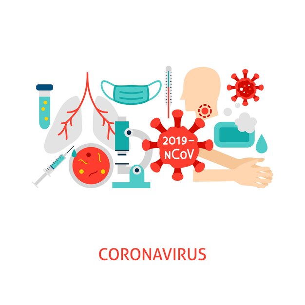 Conceito de vetor de coronavirus. ilustração do projeto do cartaz. conjunto de objetos médicos.