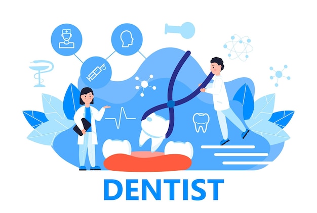 Vetor conceito de vetor de serviço de dentista para página de destino pequenos dentistas fazem varredura de raios x dos dentes para ajudar a dor de dente a clarear o esmalte ou o implante de recuperação conferência on-line para especialista em odontologia