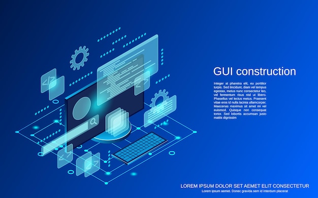 Conceito de vetor isométrico plano de construção de interface gráfica de usuário