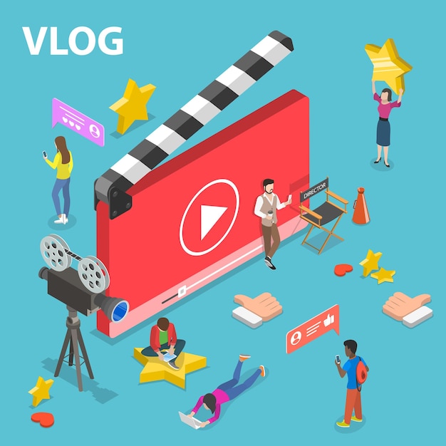 Conceito de vetor plano isométrico de vídeo blog, vlog, canal online, criação de conteúdo de vídeo.