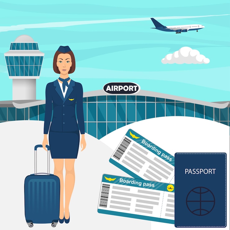 Vetor conceito de viagem com aeromoça de uniforme azul com passaporte de passagens aéreas de mala