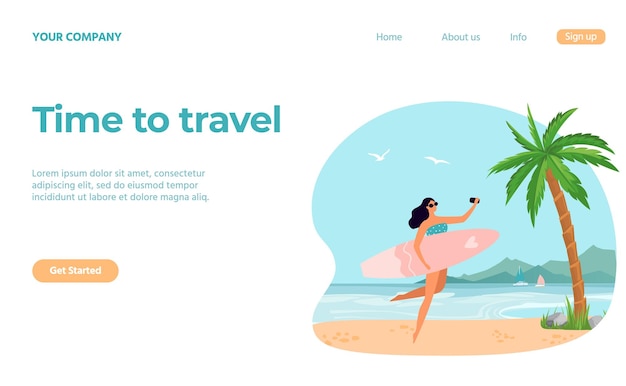 Vetor conceito de viagem página web de aterragem garota com prancha de surf