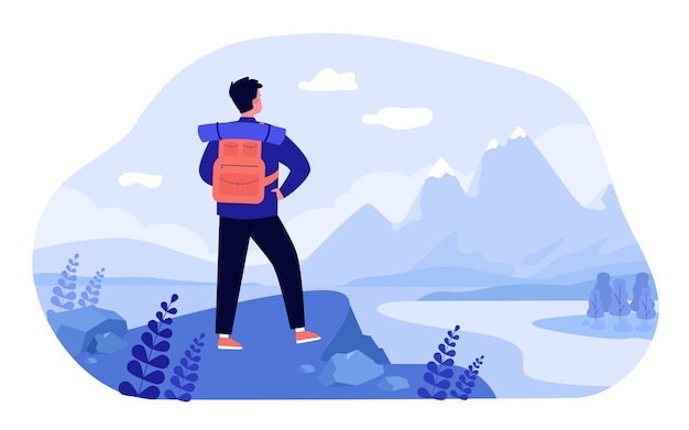 Conceito de viagens de aventura. Turista explorando montanhas. Homem com mochila em pé no penhasco e admirando a paisagem. ilustração para caminhadas, trekking, natureza, descoberta, tópicos de turismo