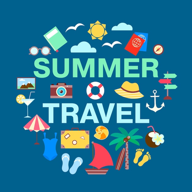 Conceito de viagens de verão cartaz vetorial recreação de turismo de viagem