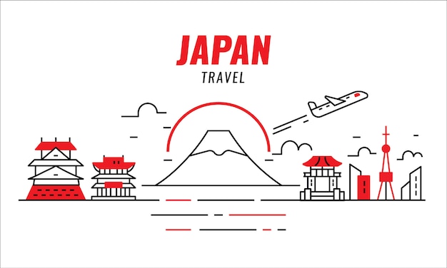 Conceito de viagens do Japão. Avião voando e Japão. Elementos de design da linha fina. ilustração vetorial