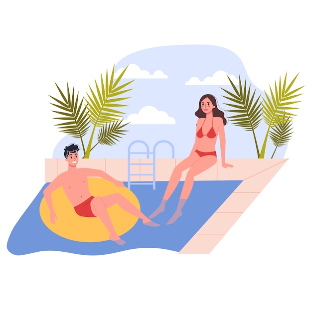 Conceito de viagens e férias. as pessoas relaxam na piscina. casal tendo férias de verão. ilustração