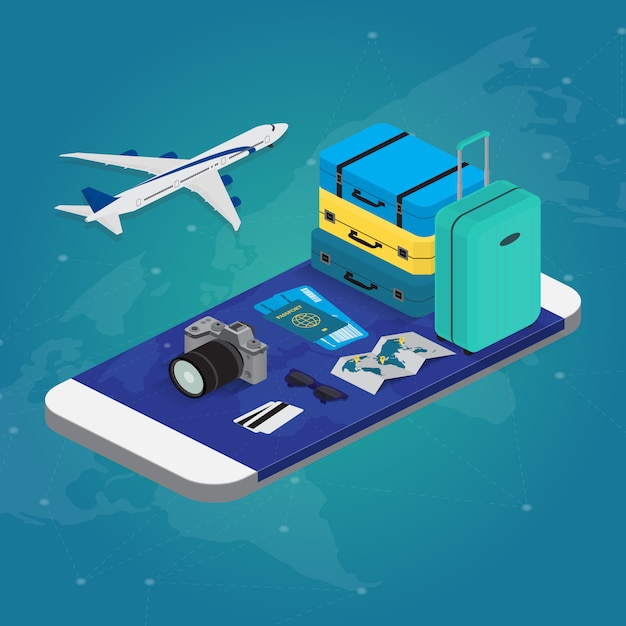 Conceito de viagens em estilo isométrico. Marcação online. ilustração