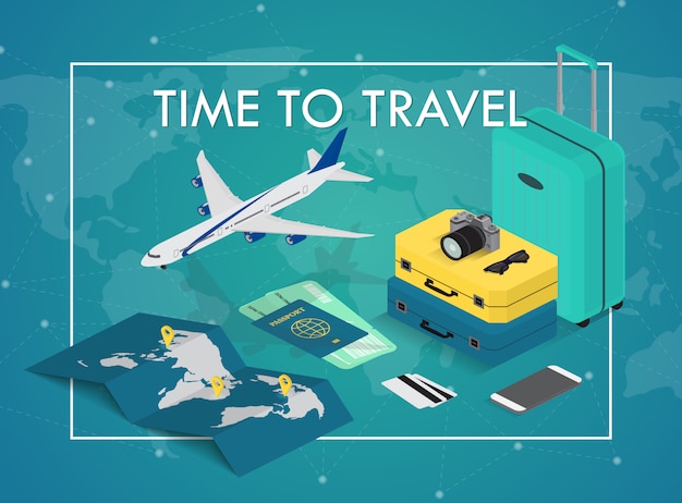 Conceito de viagens em estilo isométrico. passaporte, passagens, malas e avião. equipamento de viagem.