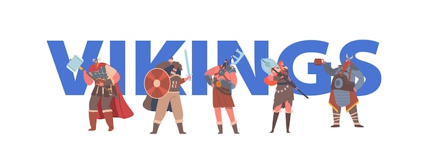 Conceito de vikings. personagens masculinos e femininos vestindo peles e segurando espadas de armadura, martelo e machados, soldados medievais nórdicos, cartaz de bárbaros, banner ou panfleto. ilustração em vetor desenho animado