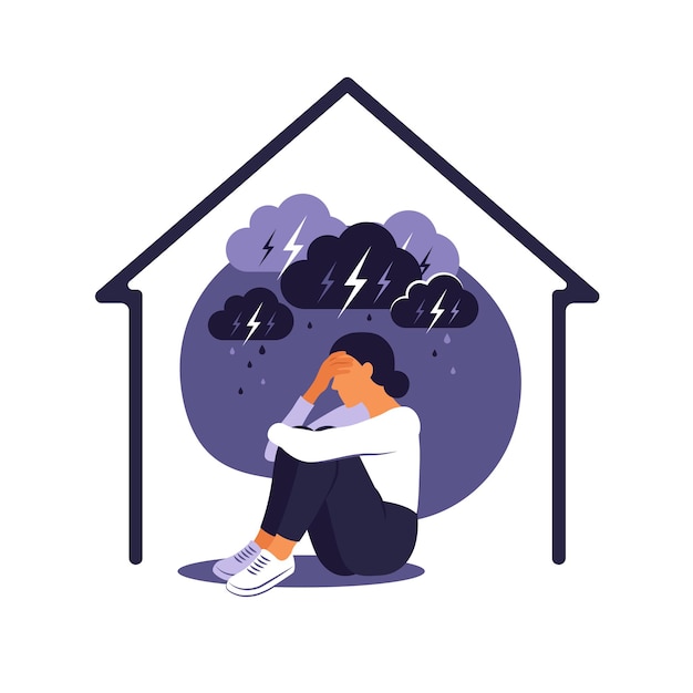 Conceito de violência doméstica contra as mulheres. mulher senta-se sozinha em casa sob uma nuvem chuvosa de tempestade. ela abraça seu corpo com dor.
