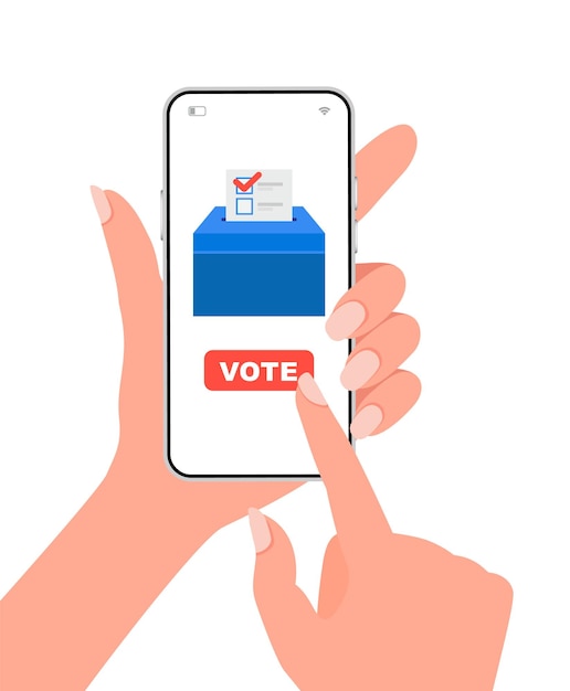 Vetor conceito de votação online mão segurando um telefone inteligente com conceito de votação online na tela