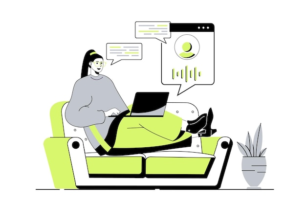 Conceito de web assistente virtual com pessoas de desenho animado planas para design de site Mulher conversando e falando com agente de voz de inteligência artificial do serviço de suporte técnico Ilustração vetorial