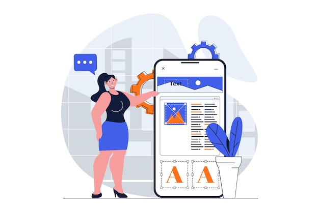 Conceito de web de desenvolvimento de aplicativos com cena de personagem Codificação de programação de mulher criando layout de interface móvel Situação de pessoas em design plano Ilustração vetorial para material de marketing de mídia social