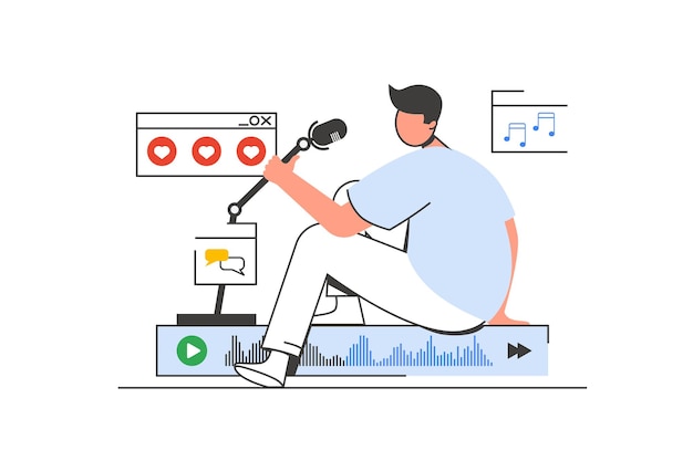 Conceito de web de esboço de streaming de podcast com cena de personagem Homem falando em microfone gravando áudio Situação de pessoas em design de linha plana Ilustração vetorial para material de marketing de mídia social