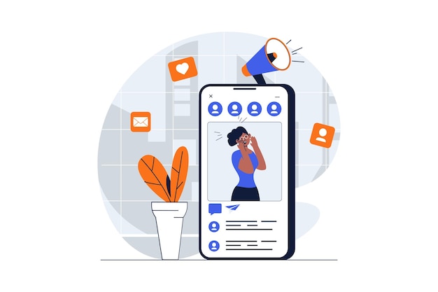 Conceito de web de marketing de mídia social com cena de personagem mulher fazendo promoção de publicidade com novas postagens situação de pessoas em design plano ilustração vetorial para material de marketing de mídia social