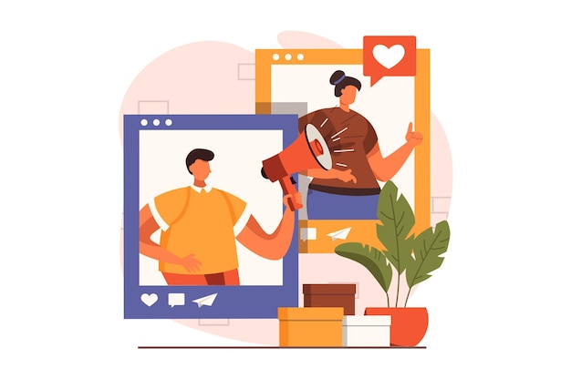 Conceito de web de marketing de mídia social em design plano Homem com megafone cria postagens promocionais Mulher usuário visualiza postagens e segue blog Publicidade e promoção Ilustração vetorial com cena de pessoas
