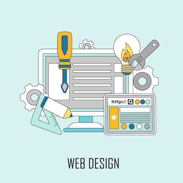 Conceito de web design: página da web e elementos de design em estilo de linha